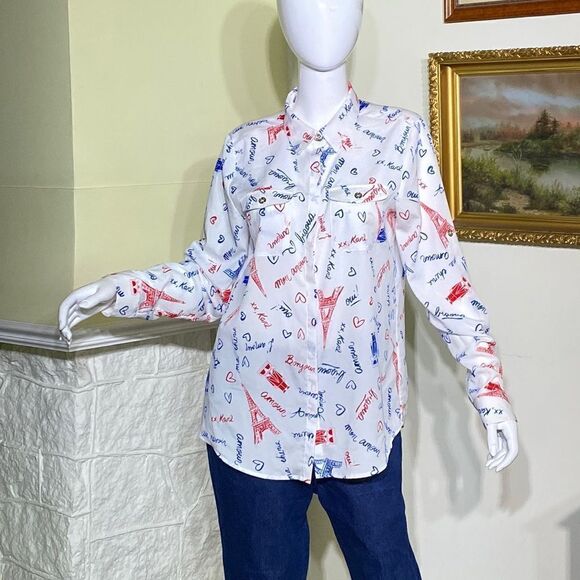 Karl Lagerfeld Paris Amour Red White &Blue Button Down Shirt - Picture 2 of 14